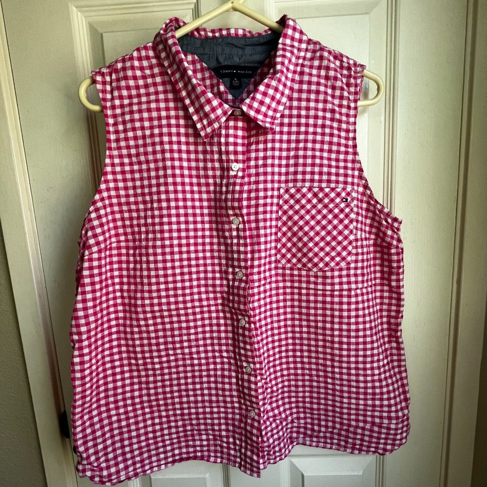 Tommy Hilfiger Pink Plaid Sleeveless Button Down Shirt with Pocket Size XL